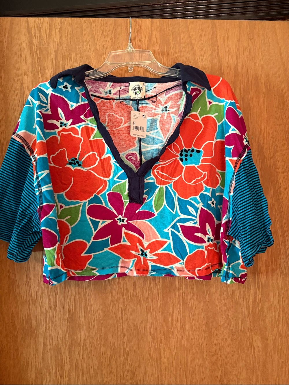 We The Free Bold Floral Cropped V-Neck Top - Teal, Orange, Fuchsia